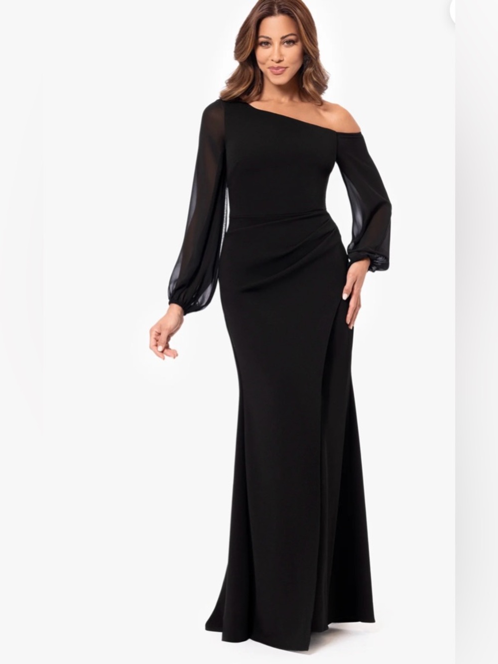 Betsy & Adam Black One-Shoulder Evening Gown